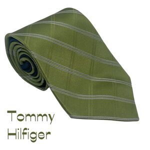 Tommy Hilfiger Green Silver Striped Silk Necktie Career Office